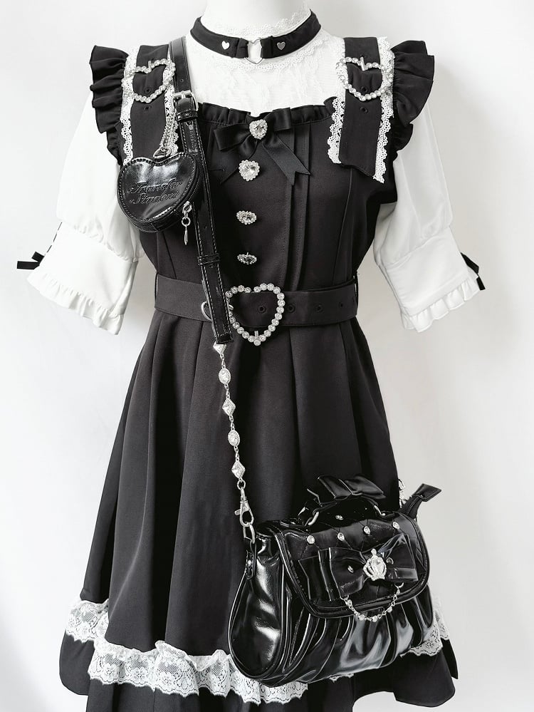 Black Jirai Kei Crossbody Bag - Interchangeable Rhinestone Strap & Crown Bow with Heart Bag