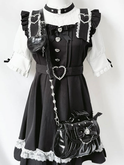 Black Jirai Kei Crossbody Bag - Interchangeable Rhinestone Strap & Crown Bow with Heart Bag