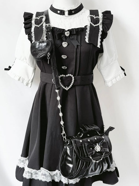 Black Jirai Kei Crossbody Bag - Interchangeable Rhinestone Strap & Crown Bow with Heart Bag