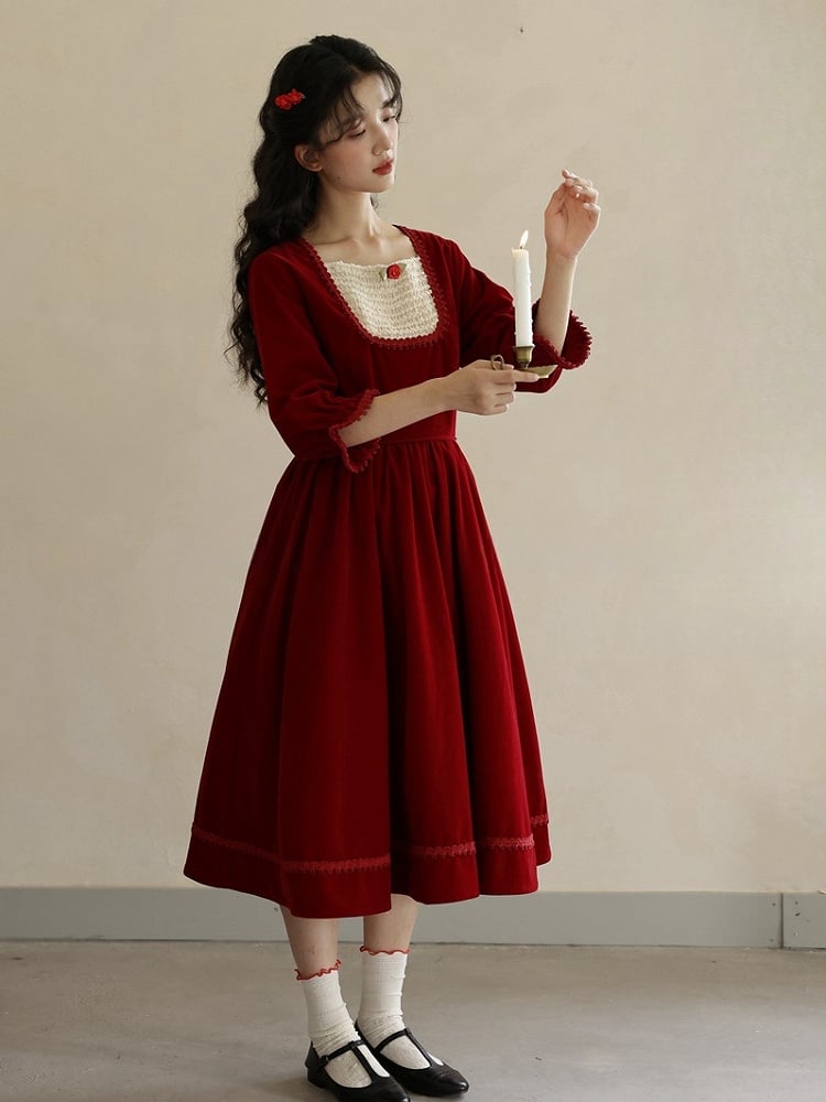 Wine Red Vintage Rose Square Neckline Dress