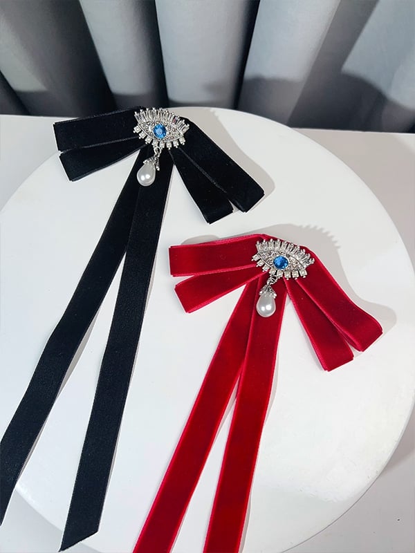 Black/Red/Green Preppy Style Beaded Charm Rhinestone Demon Eye Design Bow Tie