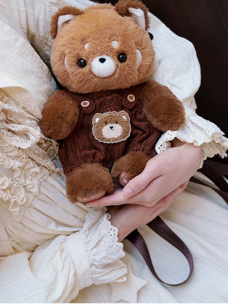 Brown Cute Plush Red Panda Backpack + Overall Pants Middle/Large Size