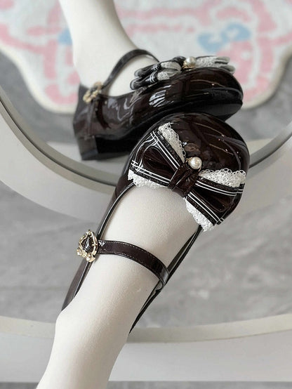 Dark Brown Lace Trim and Bead Charm Decorated Bowknot Sweet Lolita Mary Janes