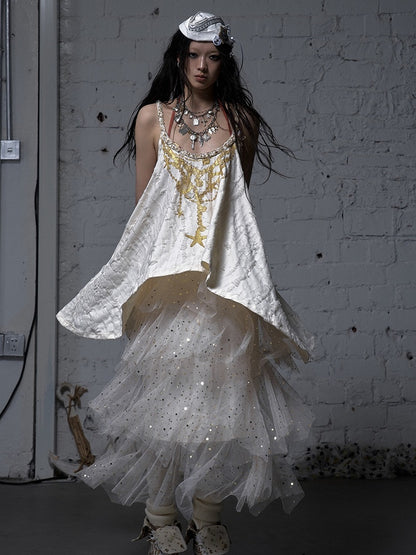 Black/White/Apricot Elastic Waist Sequin Details Tiered Mesh Skirt