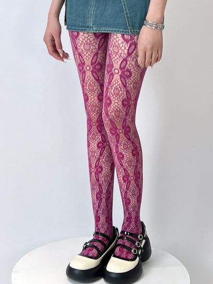 Rose Red Hollow-out Design Floral Pattern Tights