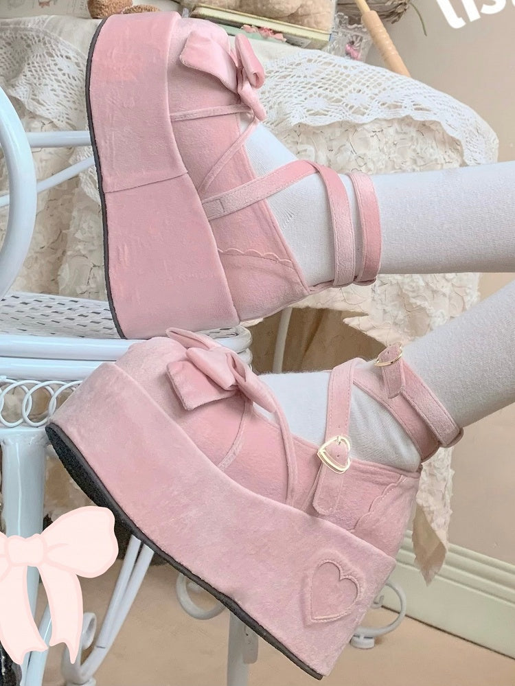 Velvet Pink Sweet Lolita Platforms - Bow Accents, Crisscross Straps & Heart Buckle