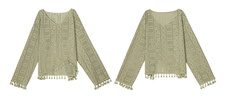 Bohemian Green V-neck Tassels Hem Top with Belt
