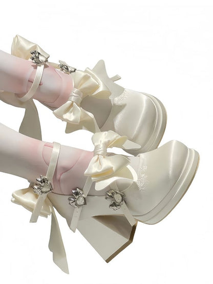 Classic White Lolita High Block Heels - Removable Bow with Heart Decor & Heart Buckles