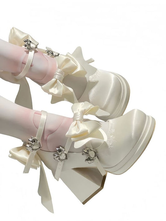 Classic White Lolita High Block Heels - Removable Bow with Heart Decor & Heart Buckles