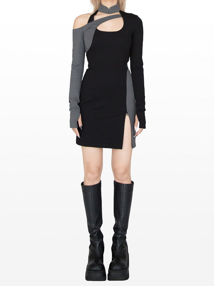 Cyberpunk Black & Grey Banded Collar Cutout Detail Side Slit Glamorous Dress