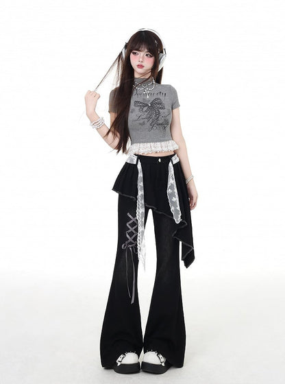 Black Asymmetrical Hem Lace-up Detail Flared Pants Faux Two-Piece with Lace Waist Belt
