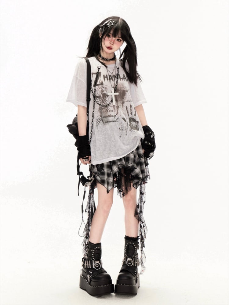 White/Black Round Neck Punk Print Semi-sheer Coverup