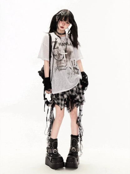 White/Black Round Neck Punk Print Semi-sheer Coverup