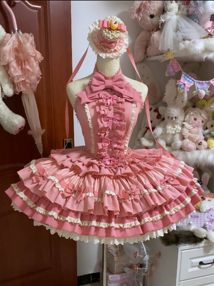Rose Pink Sweet Bow Accents Tiered Ruffle Skirt Idol Lolita Halter Neck Dress