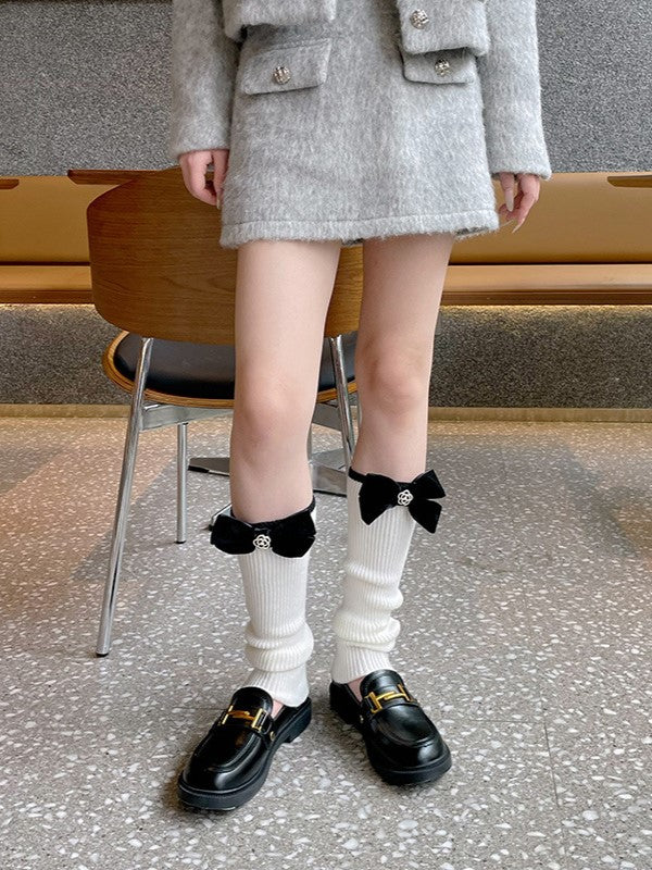 Black/White Leg Sleeves With Black Bowknot Details