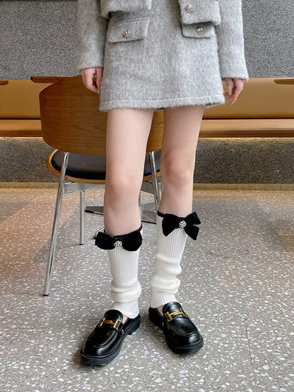 Black/White Leg Sleeves With Black Bowknot Details