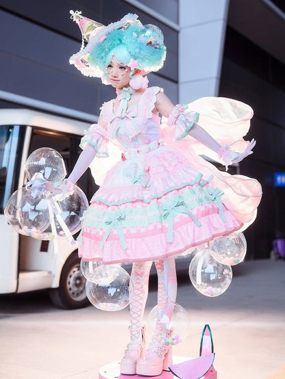 Pink and Green Watermelon Cake Bow Accents Tiered Skirt Sweet Lolita JSK Full Set