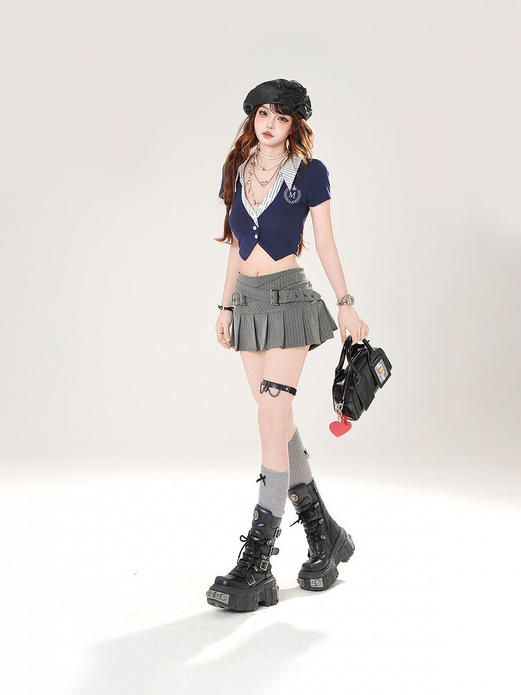 Striped Shirt Collar Front Button Placket White/Gray/Blue Cropped T-shirt