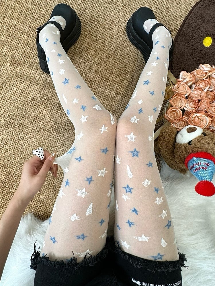 White Y2K Star And Lightning Details Tights