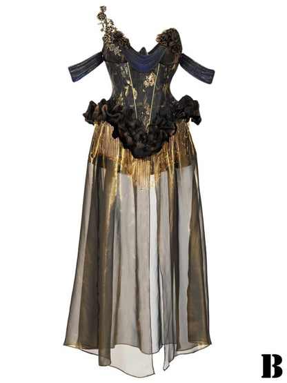 Black and Gold Gorgeous Tassels Boned Corset Top / Corset Top + Gold Chiffon Skirt