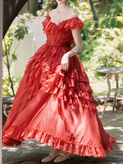 Wine Red/Pink Vintage Lace Ruffle Trim Off-the-shoulder Neckline Dress