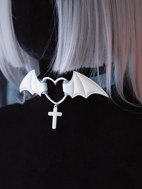 Cross Pendant Blue and White Handmade Bat Wings PU Choker