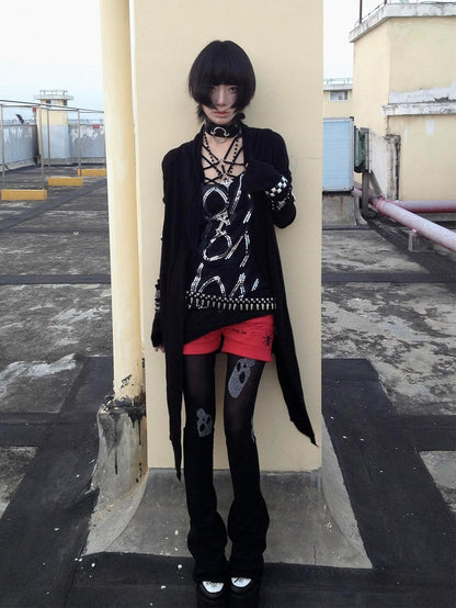 Edgy Gothic Cross Embroidery Black Knit Cardigan