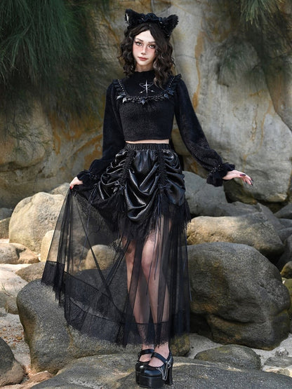 Bowknot Details Black Ruffle Neckline Cropped Sweater