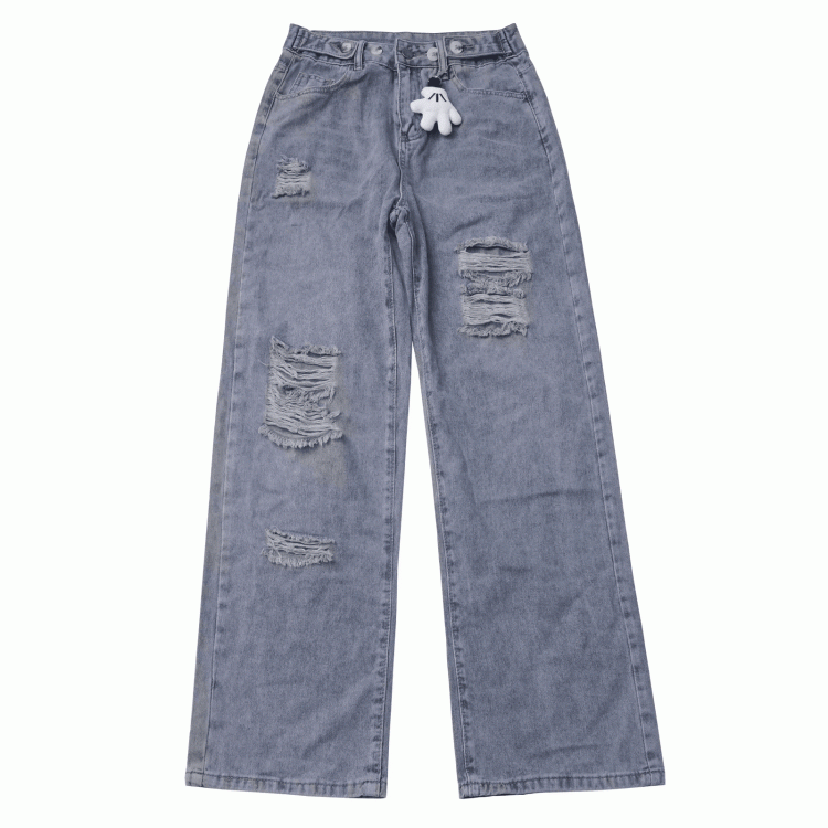 Blue Low Rise Distressed Holes Straight-leg Jeans with Free Charm