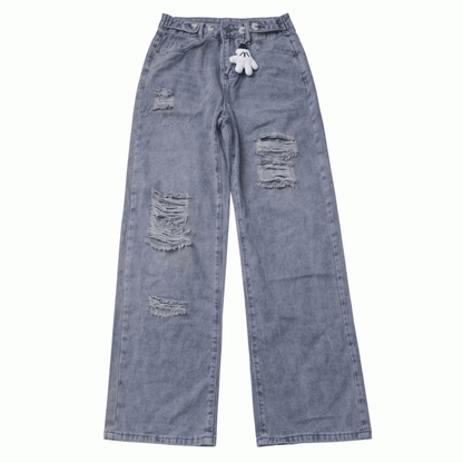 Blue Low Rise Distressed Holes Straight-leg Jeans with Free Charm