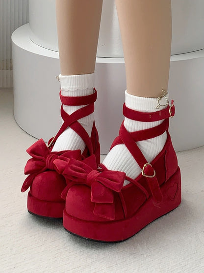 Sweet Wine Red Lolita Platforms in Velvet - Bow at Top, Crisscross Design & Heart Fastener