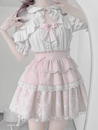 White Peter Pan Collar Cutout Shoulder Blouse+ Pink Tiered Skirt+ Bowknot Jirai Kei Set