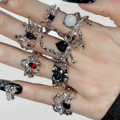 Silver Punk Spiders 7 Rings Set