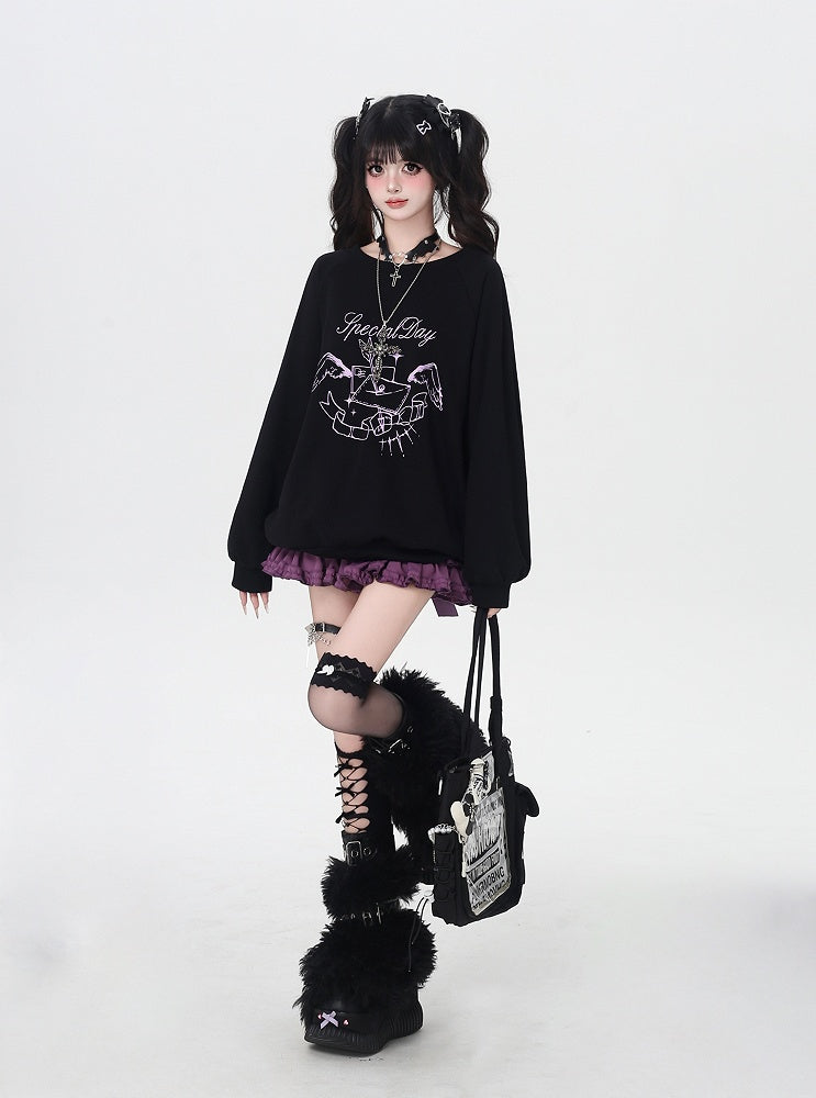 Self-tie Bowknot at Back Pink/Black Round Neck Graphic Sweatshirt