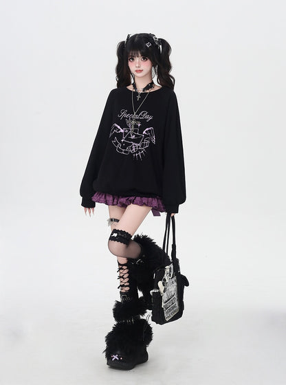 Self-tie Bowknot at Back Pink/Black Round Neck Graphic Sweatshirt