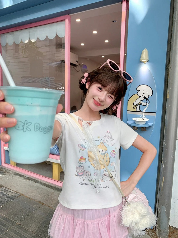 Adorable Cat Print White Round Neck T-shirt Long/Short Version