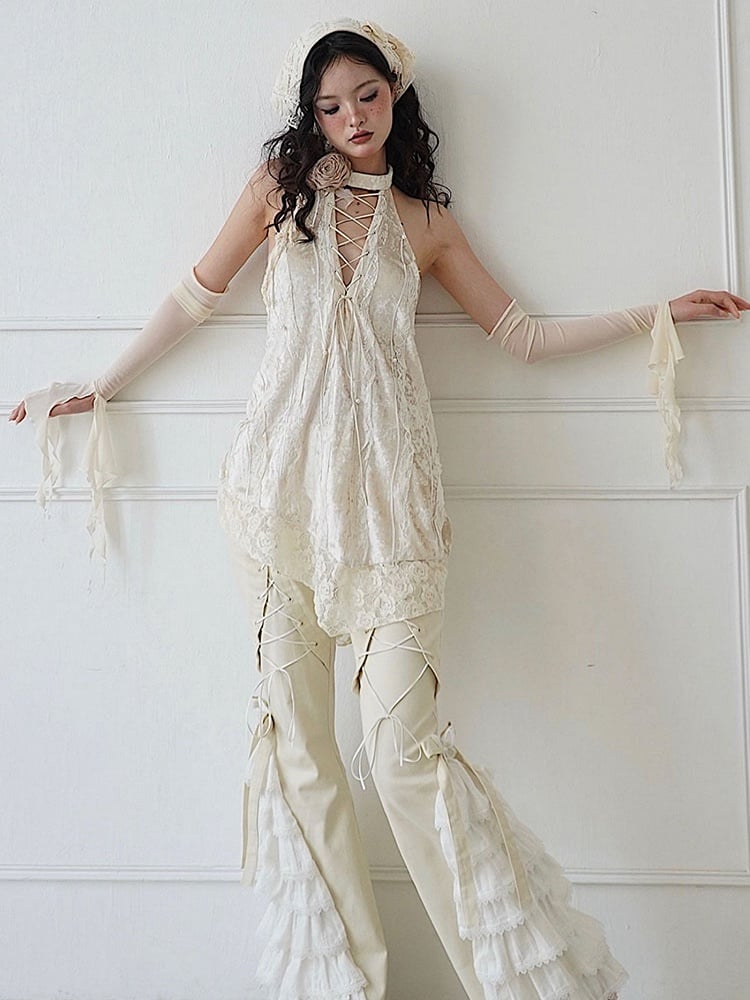 Lace-up Detail Beige Flower Halter Neck Backless Top + Sleeves Set