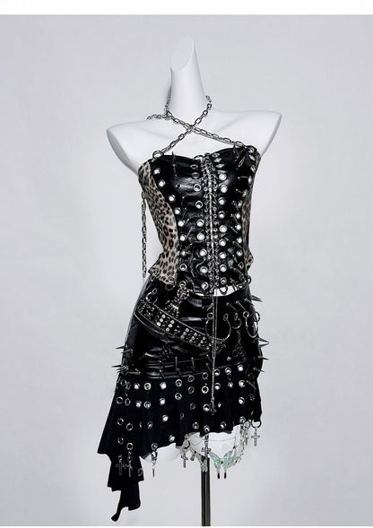 Punk Black Ring Cross Studs Asymmetrical Hem PU Skirt