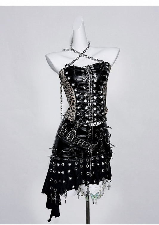 Punk Black Ring Cross Studs Asymmetrical Hem PU Skirt