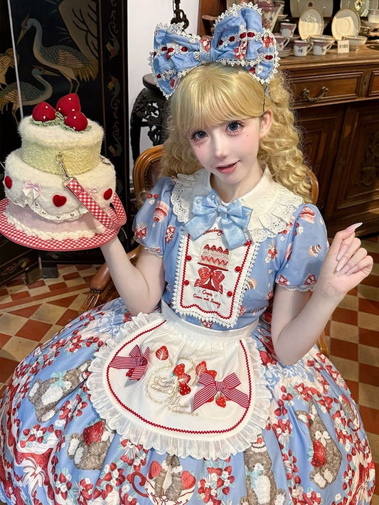 Red Strawberry Embroidery Bowknots Decorated Self-tie Apron