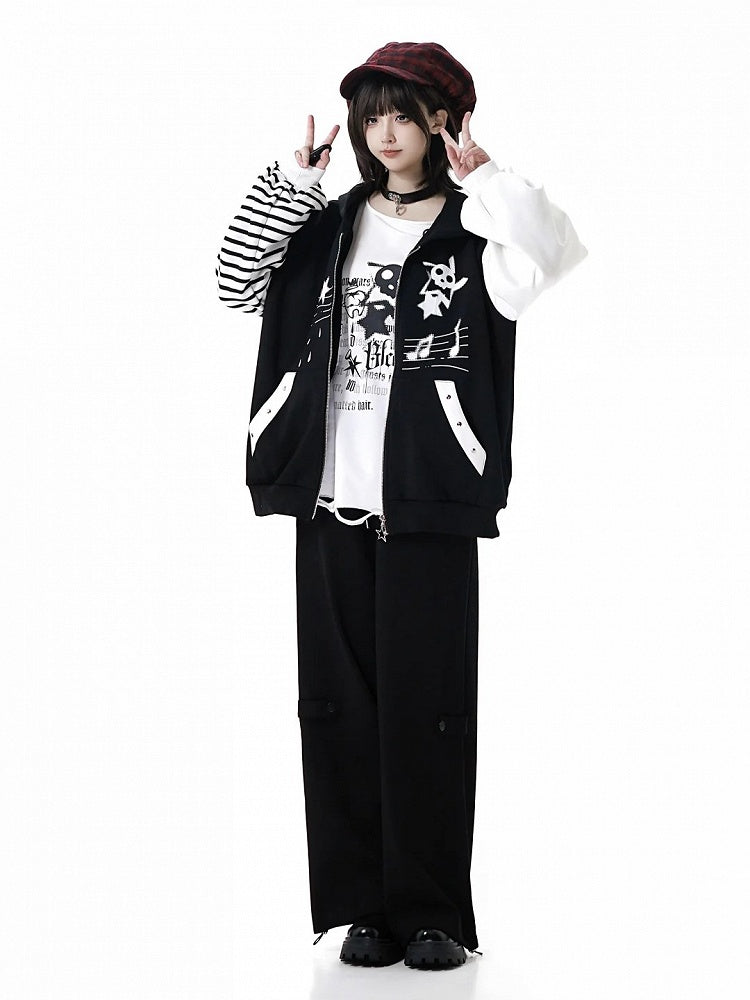 Black Drawstring Straight-Leg Pants with Star Stripe Applique Design