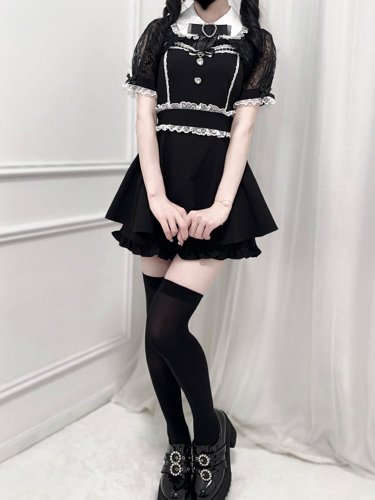 Black Jirai Kei Set -Shirt Collar Sweetheart Rhinestone Decoration Lace Shawl Top + Shorts + Bowtie