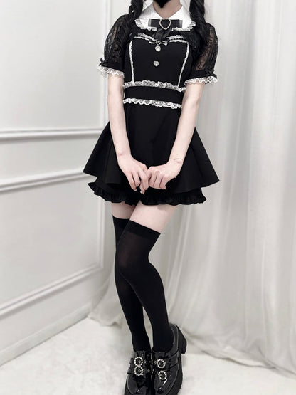 Black Jirai Kei Set -Shirt Collar Sweetheart Rhinestone Decoration Lace Shawl Top + Shorts + Bowtie