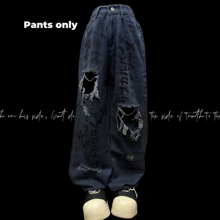 Blue Distressed Holes Raw Hem Punk Jeans