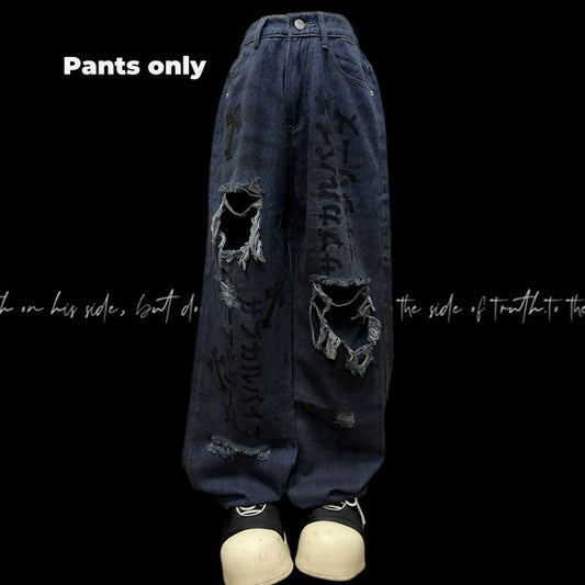 Blue Distressed Holes Raw Hem Punk Jeans