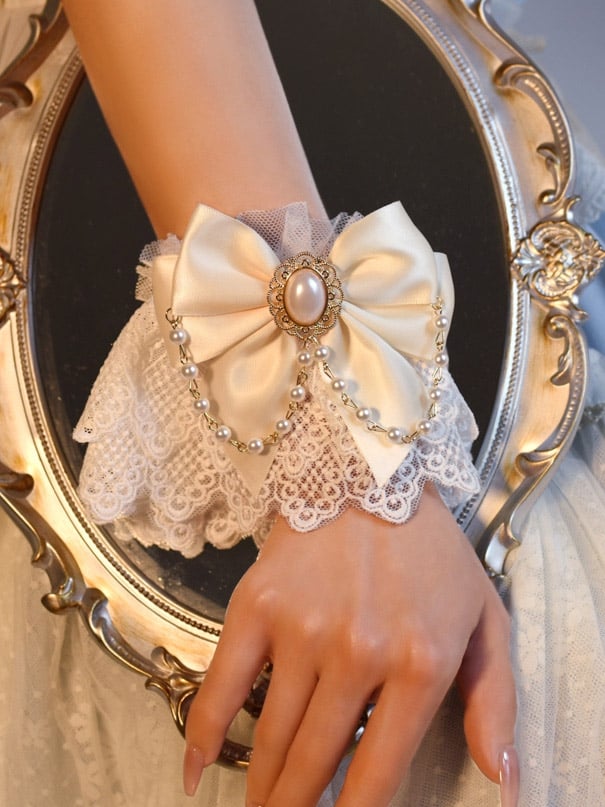 Black/White Beaded Charm Bowknot Decorated Lace Wrist Cuffs