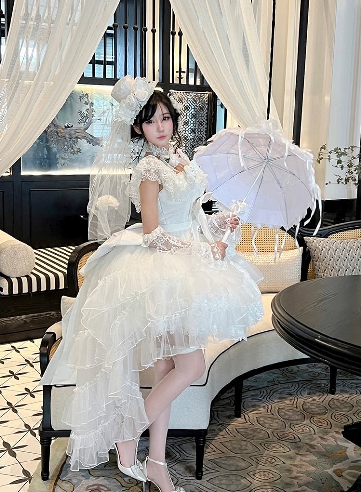 White Tiered Tulle Lolita Train