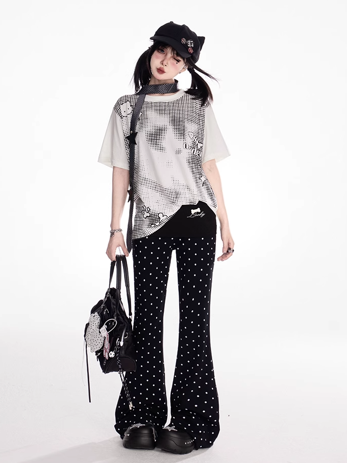 Black Polka Dot Elastic Waist Slim-fitting Flared Casual Pants