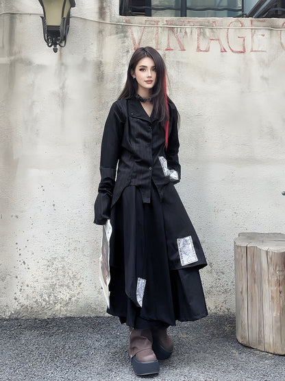Black Punk Appliques Asymmetrical Layered Wide-Leg Pants