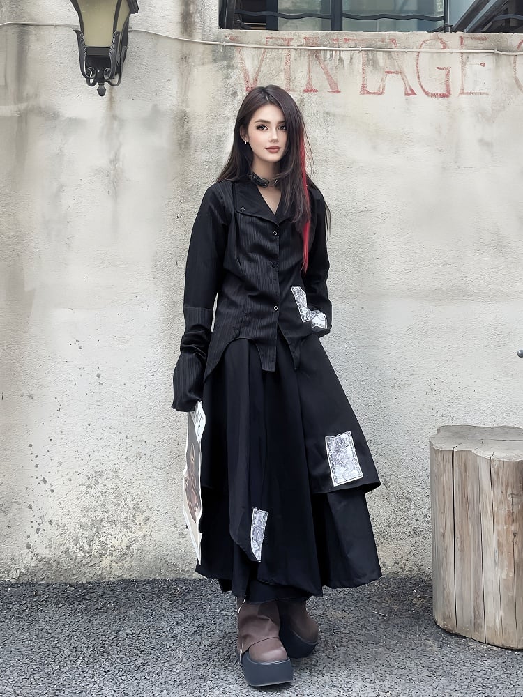 Black Notched Collar Bell Sleeves Punk Appliques Asymmetrical Shirt